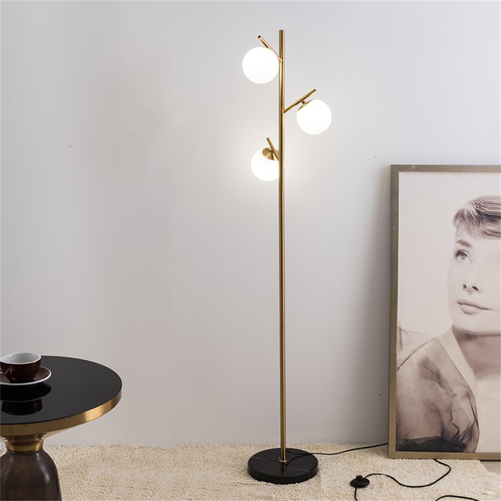 Leomix Gold 63In Modern Floor Lamp For Living Room, Upgraded 3 Globe Mid Century Standing Lamps, Frosted Glass Shade, Marble Base Tall Pole Lamp For Bedroom, Hotel