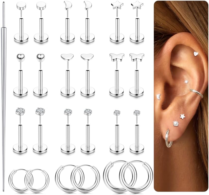 LOYALLOOK Threadless Flat Back Earrings 316L Surgical Steel Cartilage Earrings for Women Men Hypoallergenic Small Hoop CZ Push in Flatback Stud Earrings 20G 18G Flat Back Nose Stud Tragus Helix Conch Piercing Jewelry
