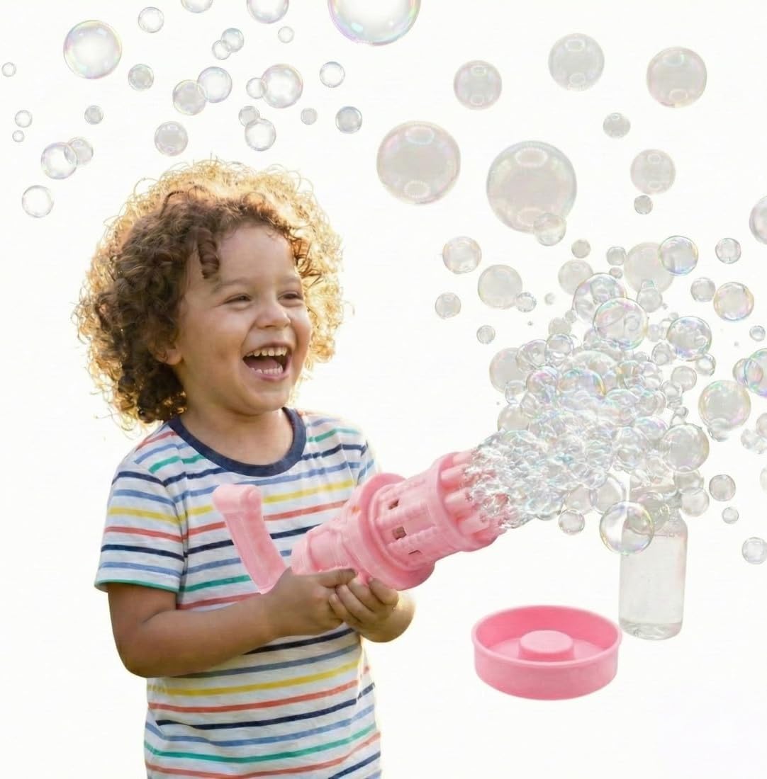 Electric Bubble Blower Maker Machine, 8-Hole Gatling Toy Gun with Solution & Tray, Summer Outdoor Play & Party Favors for Toddlers, Boys & Girls (Pink)