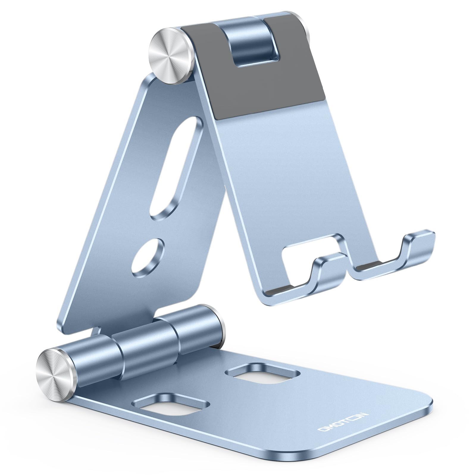 OMOTON Foldable Cell Phone Stand, C4 Portable Aluminum Phone Holder | Adjustable Phone Dock Cradle Compatible with iPhone 17/16/15 Pro Max Air, Samsung Galaxy, Small Tablets, Light Blue