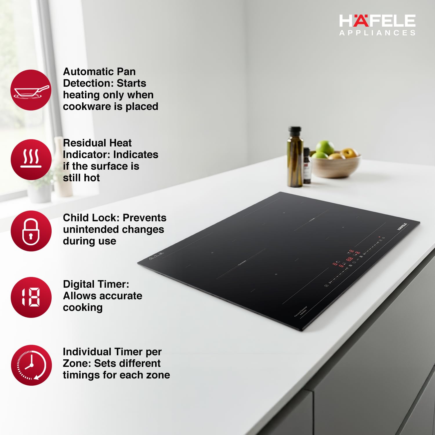 Hafele Nero induction hob highlighting safety features: Automatic Pan Detection, Residual Heat Indicator, Child Lock, Digital Timer, Individual Timer per Zone