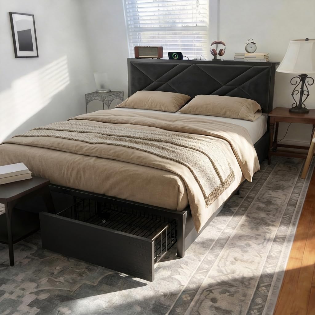 EnHomee Queen Bed Frame with 6 Storage Drawers and LED Lights, Bed Frame Queen Size with Upholstered Headboard and Charging Station,NO Noise,Easy Assembly, Black