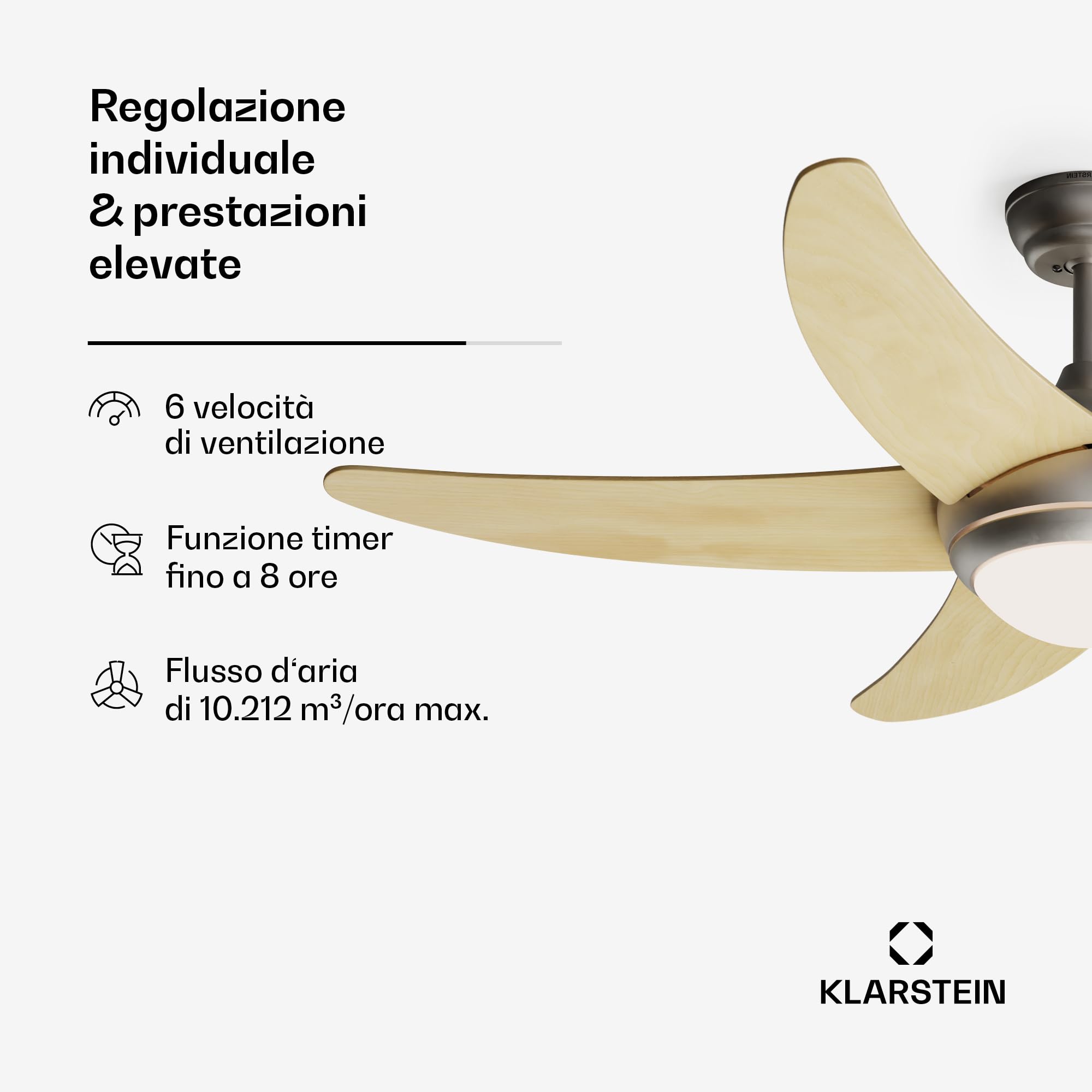 KLARSTEIN Bolero Ventilatore da Soffitto con Luce e Telecomando - 132cm, 6 Velocità, Modalità Estiva/Invernale, Silenzioso, Smart App, Design Elegante, Montaggio Flessibile, Acero