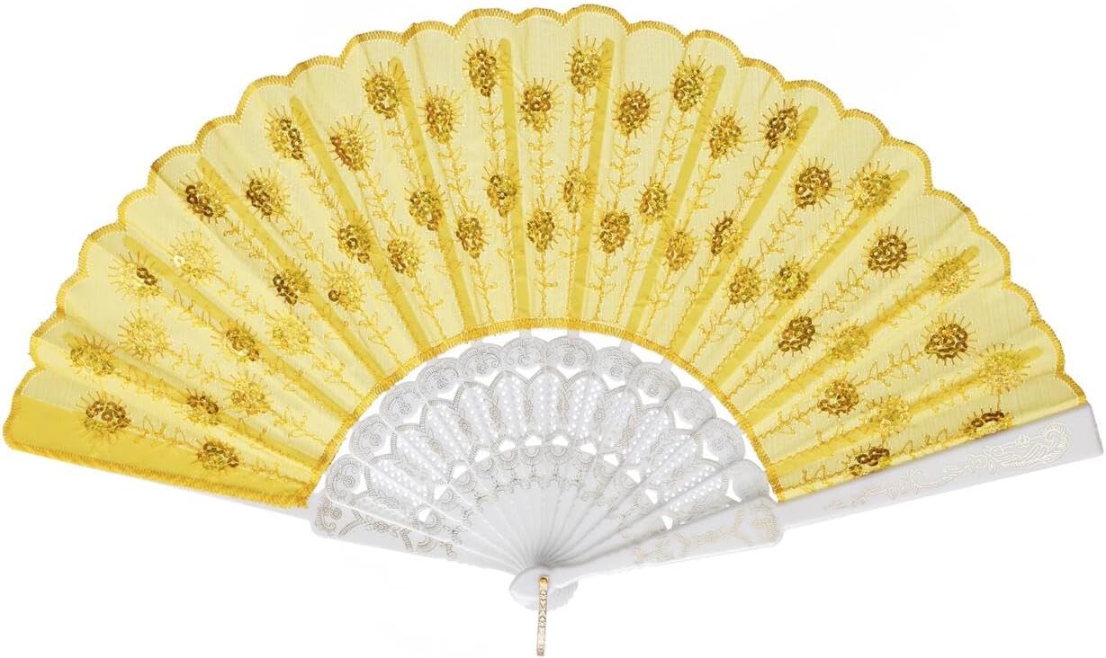 QIRMIZI 30 PACK Fabric Folding Handheld Fans, Perfect for Weddings, Parties, and Dancing,Yellow