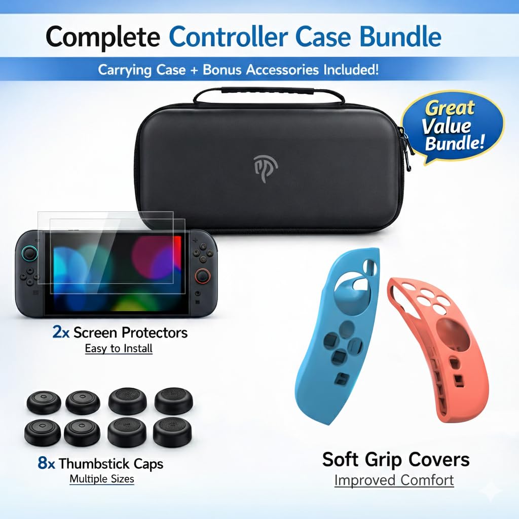 EasySMX Étui de transport pour Nintendo Switch – Ensemble d'accessoires de grand volume, 1 protecteur d'écran, 1 coque de protection Joy-Con, 2 paires de poignées en silicone | Plus durable