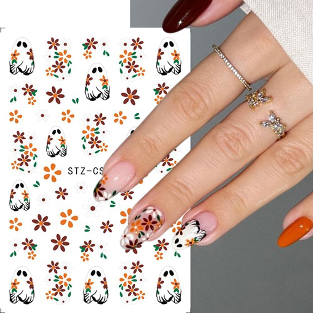 Halloween Ghost Flower Nail Art Stickers Pumpkin Cute Ghost Nail Art Decals 6 Sheets 3D Self-Adhesive Flowers Hat Nail Stickers for Women Halloween Nail Supplies Nail Decorations image 4