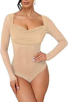 トップス josemoon SHEER BODY SUITS Pasgreson Women's Long Sleeve Square Neck Glitter Rhinestone