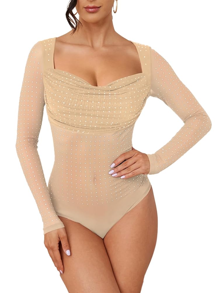 Pasgreson Women's Long Sleeve Square Neck Glitter Rhinestone