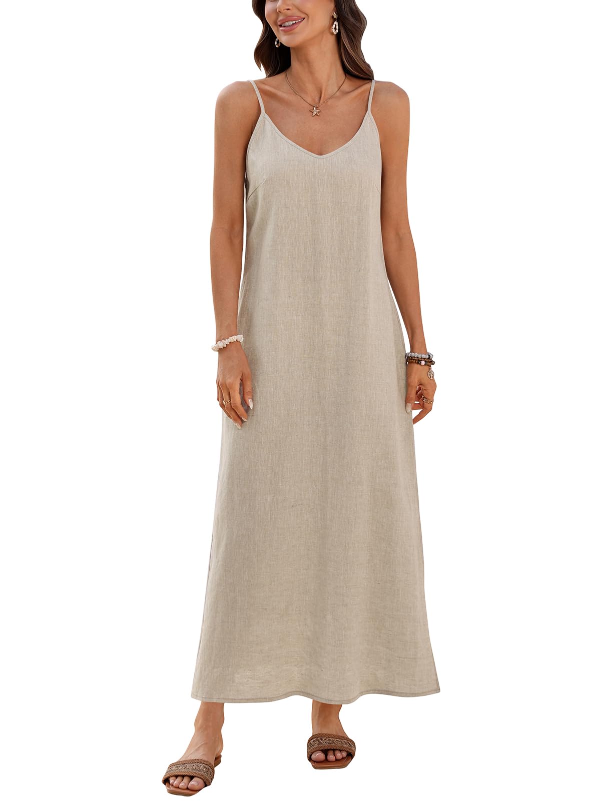 Photo 1 of vinglam Women's 100% Linen Maxi Dress Adjustable Spaghetti Strap V Neck Sleeveless 2026 Summer Trendy Split Dresses