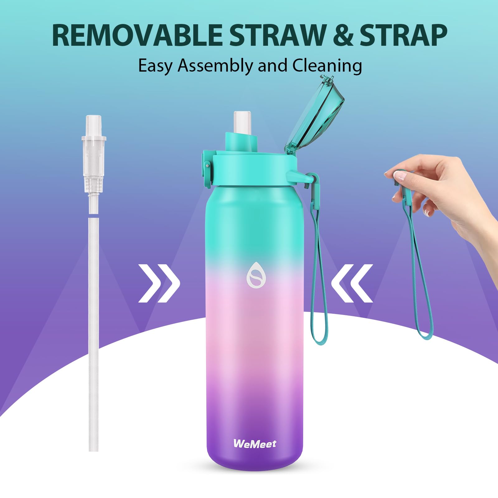 WEMEET - Borraccia sportiva in acciaio inox 18/10, con cannuccia rimovibile, senza BPA, a doppia parete, per attività all'aperto, sport, scuola, palestra, 700 ml, (verde rosa e viola)