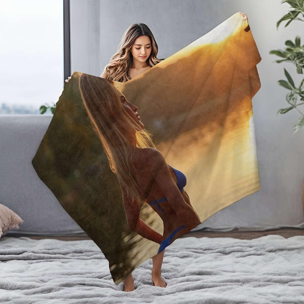 Couverture blanche en flanelle contre le froid 150x200 cm motif mignonne femme au soleil