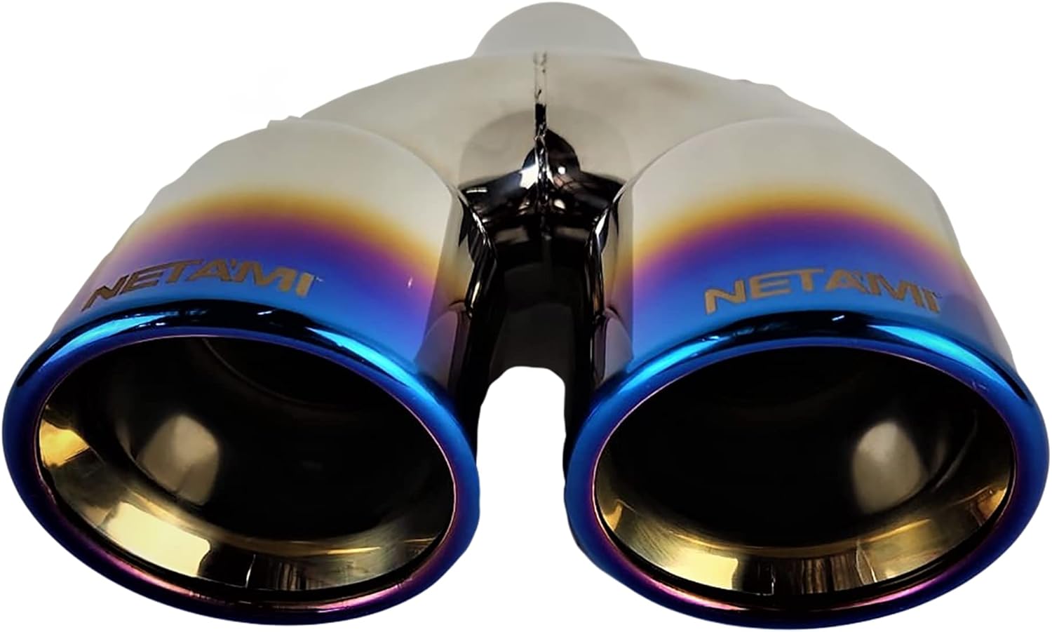 NETAMI 2.25' Inlet to 3.5" Dual Outlet Stainless Steel Exhaust Tip Rolled Edge Double Wall Chrome Polished
