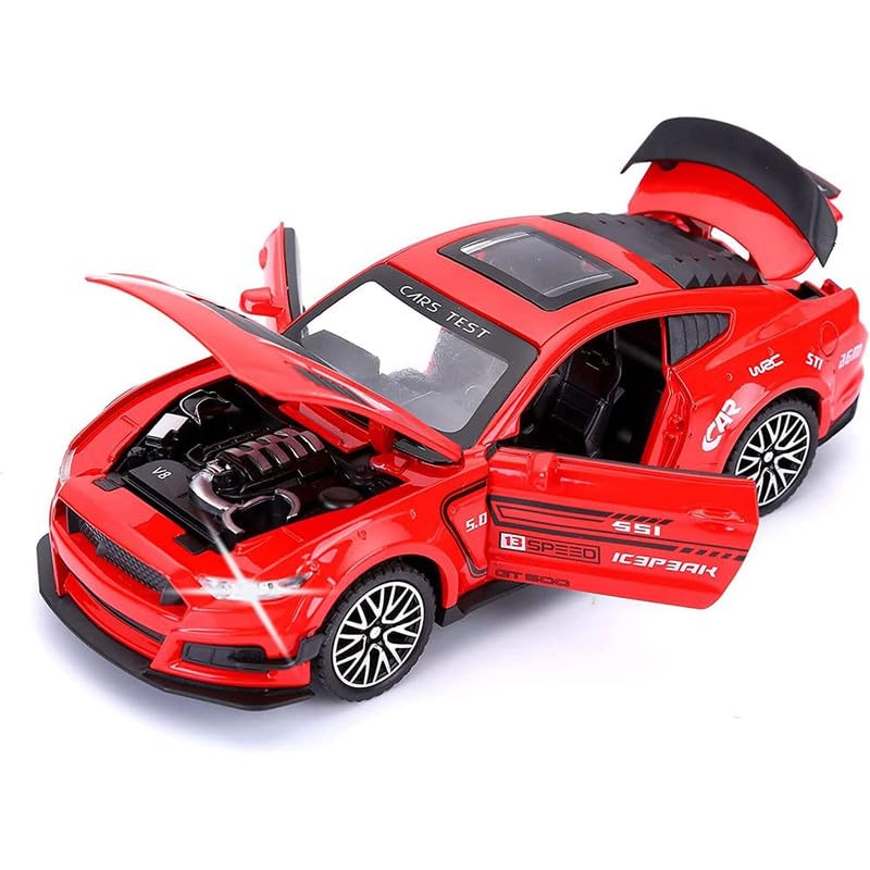Image of PINQUE Kids New Car 1:32 Mastang Diecast Alloy Metal Pull Back Car with Openable Doors Music Sound and Light Vehicle Toy Car for Boys (Red)