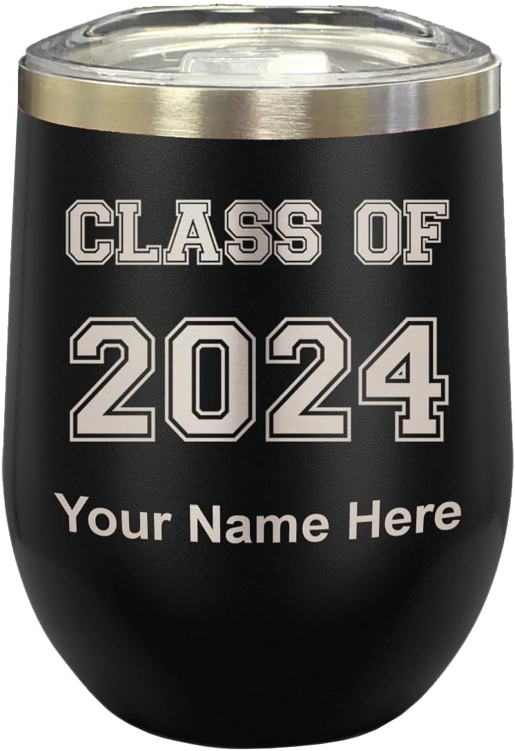LaserGram 16oz Double Wall Stainless Steel Wine Glass Tumbler, Class of 2023, 2024, 2025, 2026, 2027, Personalized Engraving Included (Black)