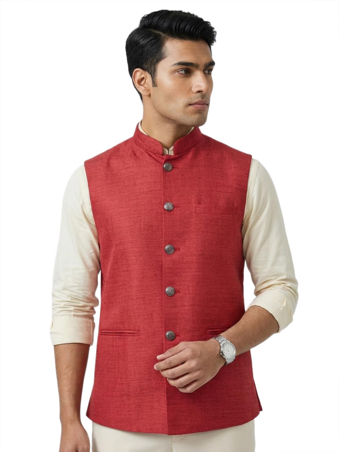 sanman ethnix by raymond Men Regular Fit Silk look, Solid Pattern Pure Polyester Mandarin Collar Sleeveless Festive Bundi-picture-30