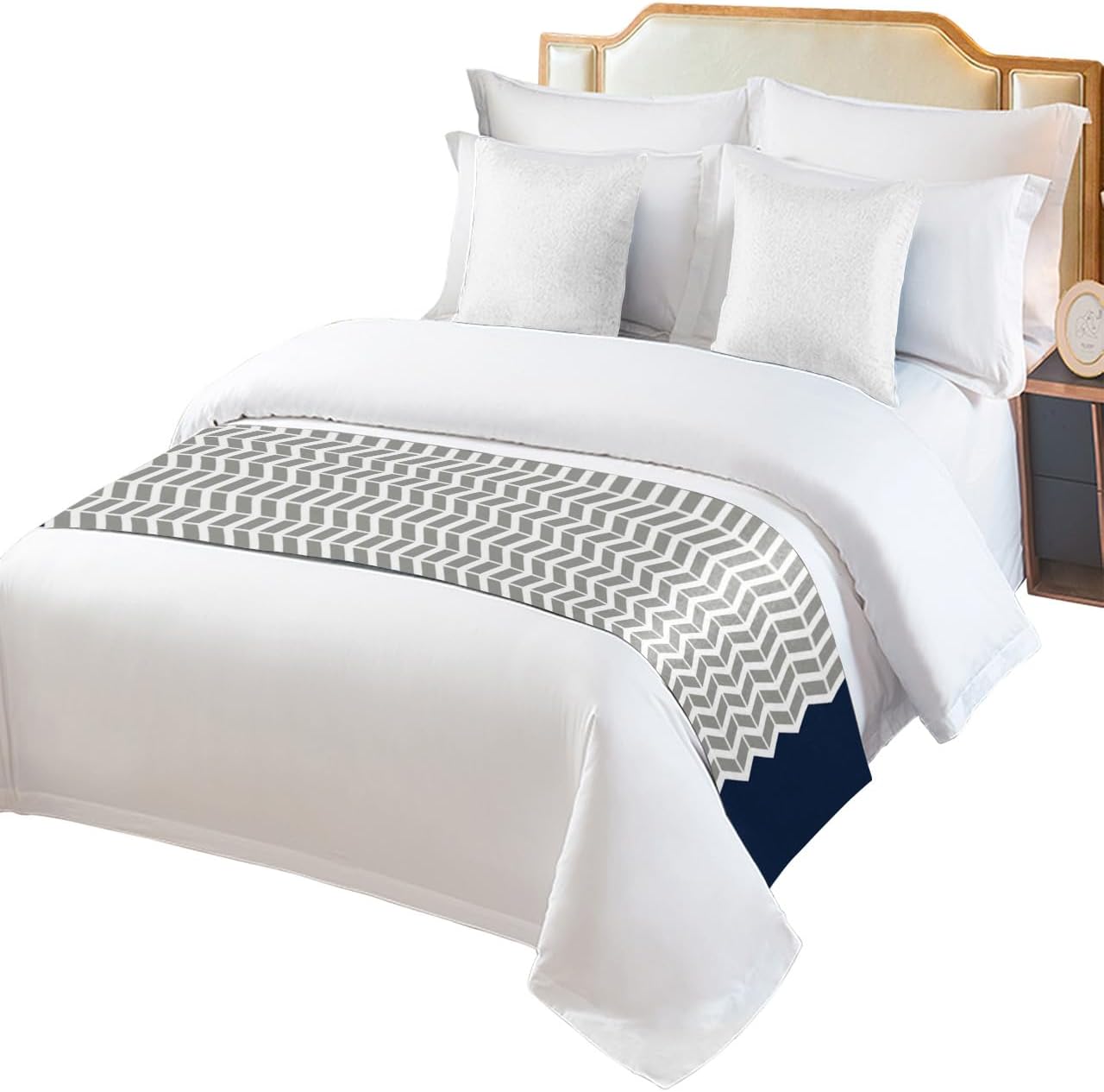 Teamery Bed Runners & Scarves, Geometric Ripple Print Navy Blue and Gray Bed Runner, Bed Scarf Protector Decorative Accent Bedding Scarf for Hotels Homes and Guestrooms, 102 x 20 inches