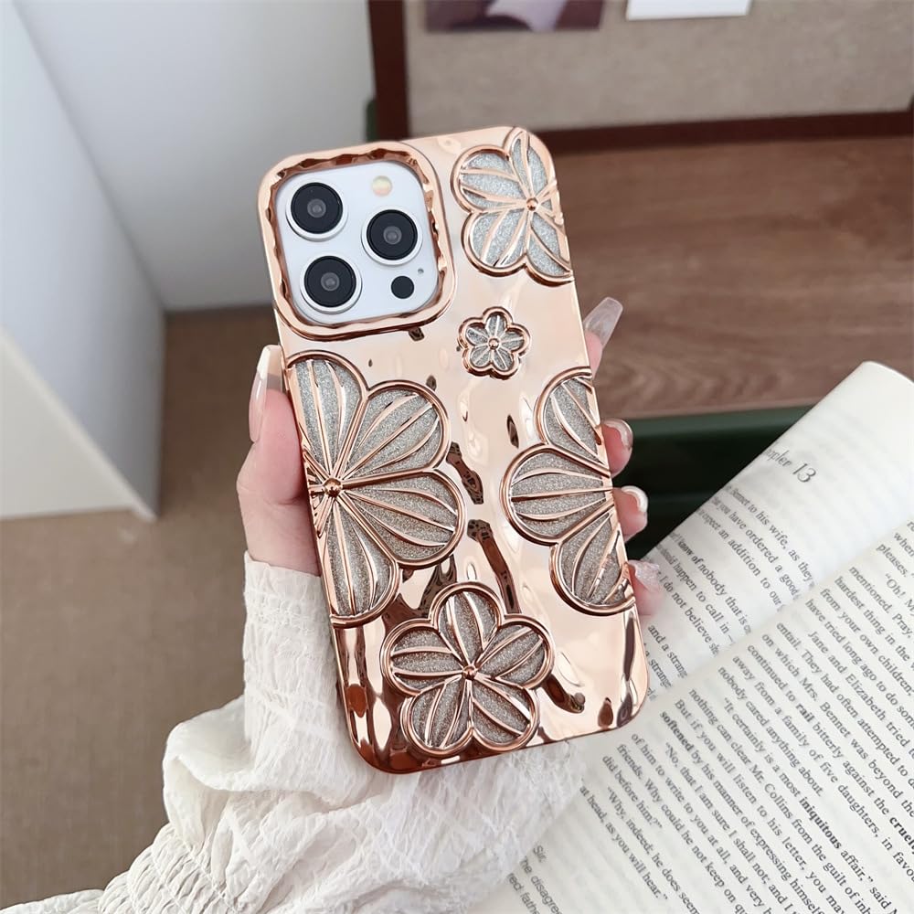 RALEAVO for iPhone 13/14 Case,Cute 3D Flower Phone Case for Women Girls Luxury Glitter Plating Floral Case Aesthetic Shockproof Protective Case for iPhone 13/14 6.1 Inch,Gold