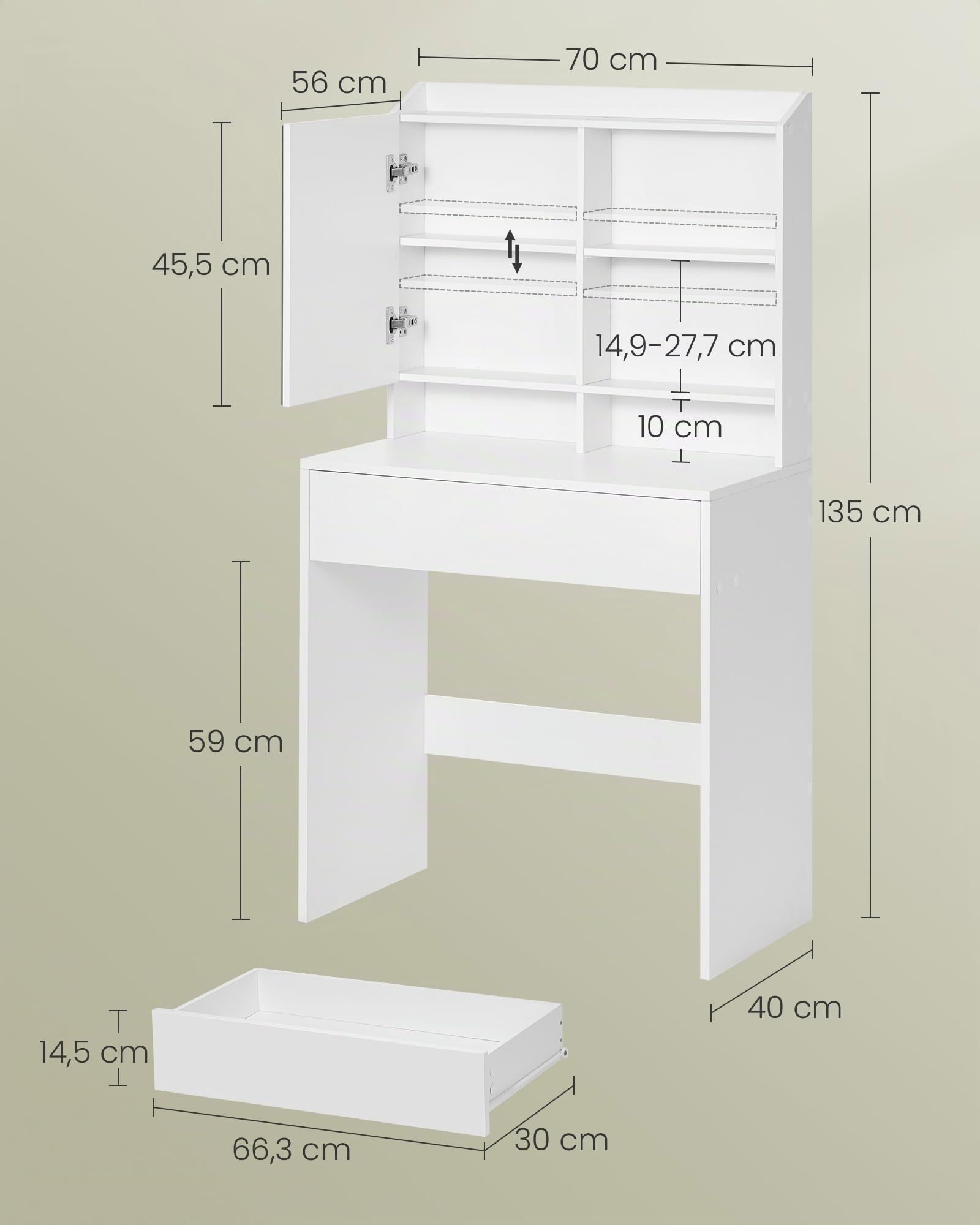 VASAGLE KAILYN Collezione - Toeletta Trucco, Postazione Trucco con Specchio e un Cassetto, Ripiani Regolabili, Moderno, 40 x 70 x 135 cm, Bianco Nuvola RDT118W01