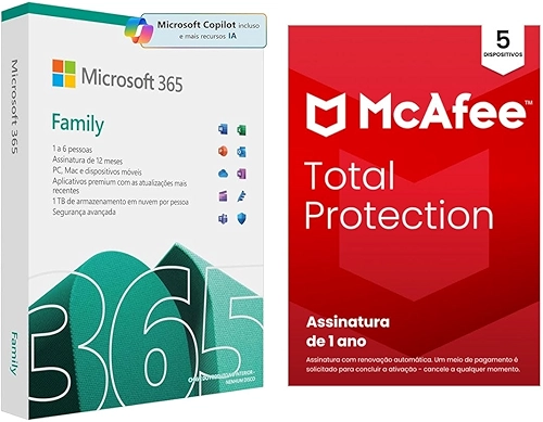 Microsoft 365 Family + Antivírus McAfee Total Protection 5 dispositivos 2024 - Licenças Físicas para 5 Dispositivos, Segurança Avançada e Suporte Técnico (PAI)