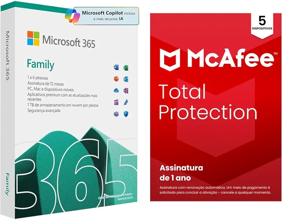 Microsoft 365 Family + Antivírus McAfee Total Protection 5 dispositivos 2024 - Licenças Físicas para 5 Dispositivos, Segurança Avançada e Suporte Técnico (PAI)