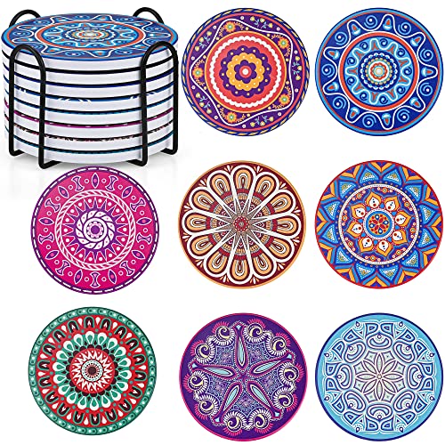 Juego de 8 posavasos de mandala, redondos de cerámica con soporte, absorbentes, base de corcho antideslizante y almohadilla de piedra de cerámica para tazas, tazas, copas de vino, hogar, cocina y bar,