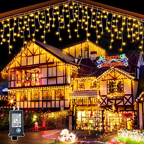 Christmas LED Icicle Lights Outdoor Decorations, 640 LEDs 66ft Hanging Fairy Curtain String Lights with 120 Drops 8 Modes Plug in Waterproof for Holiday House Windows Tree Outside Decor, Warm White