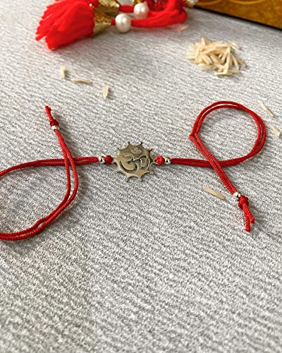 Image of Parnika 925 Silver Rakhi in Cotton Thread Silver Rakhi Bracelet For Brother in Pure 92.5 Sterling Silver for Boys and Men | Chandi ki Rakhi | With Roli Chawal (Om 3)