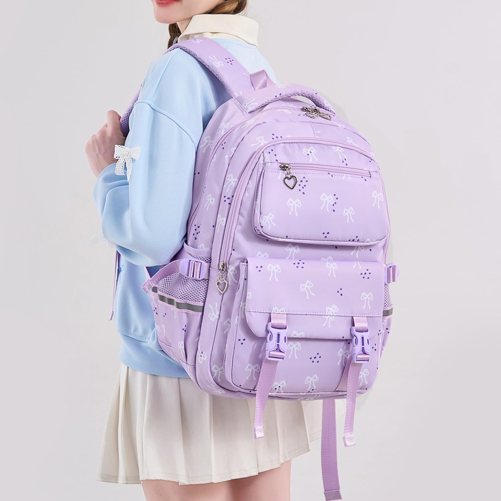 Generico Set Zaino Ragazza 3 Pezzi, Zaino Fiocco Stampato Casual | Zainetto studentesca con fantasia fiocco elegante, leggero e pratico per scuola, università e uso quotidiano