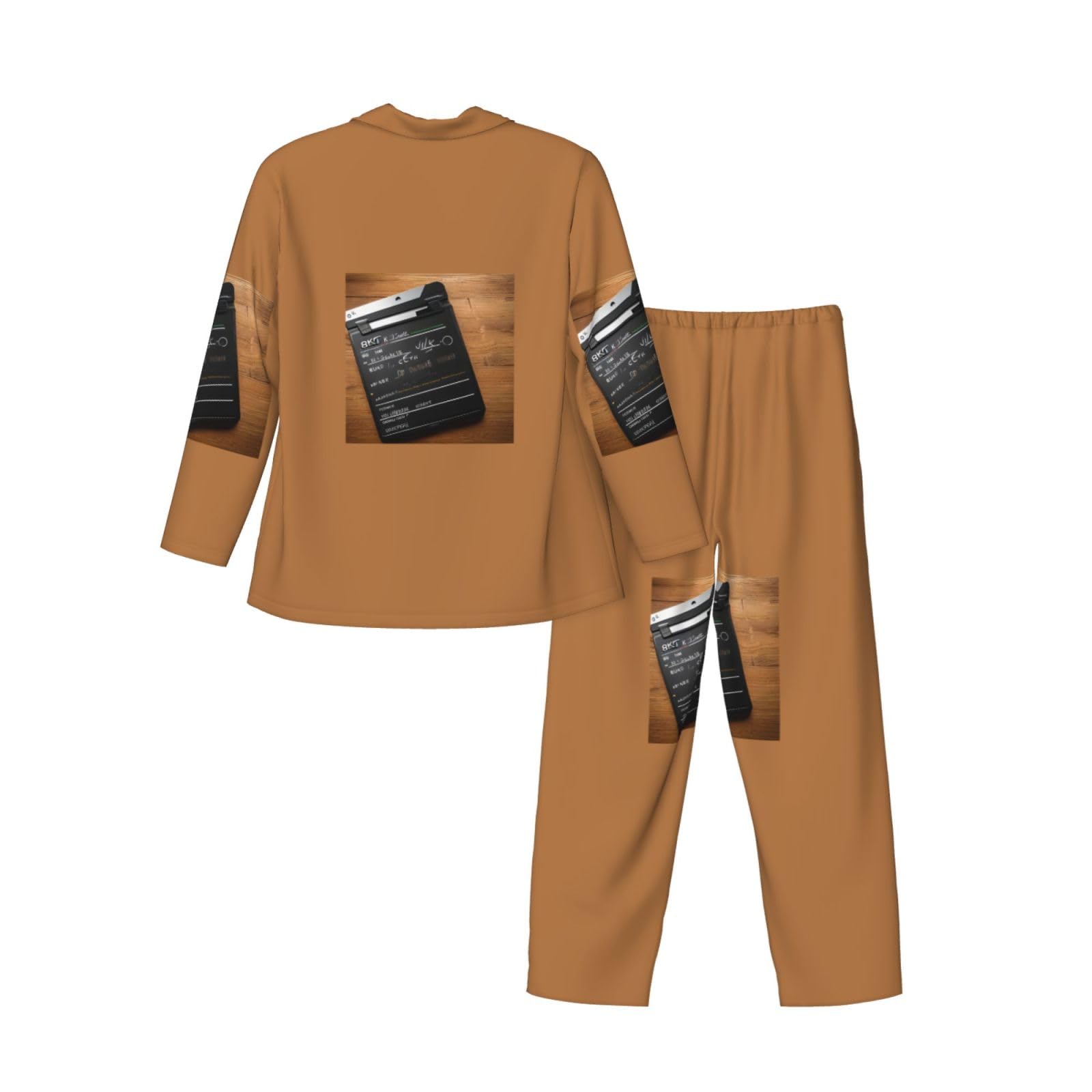 Movies Herren-Pyjama-Set mit Clapperboard-Muster, langärmelig, zweiteilig, Hauskleidung, bequeme Nachtwäsche, Nachtwäsche