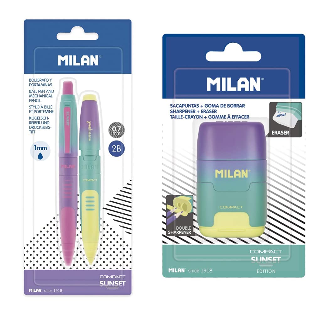 MILAN Blíster 1 bolígrafo + 1 portaminas COMPACT Sunset & Blíster Afilaborra Compact Sunset Turquesa - Amarillo