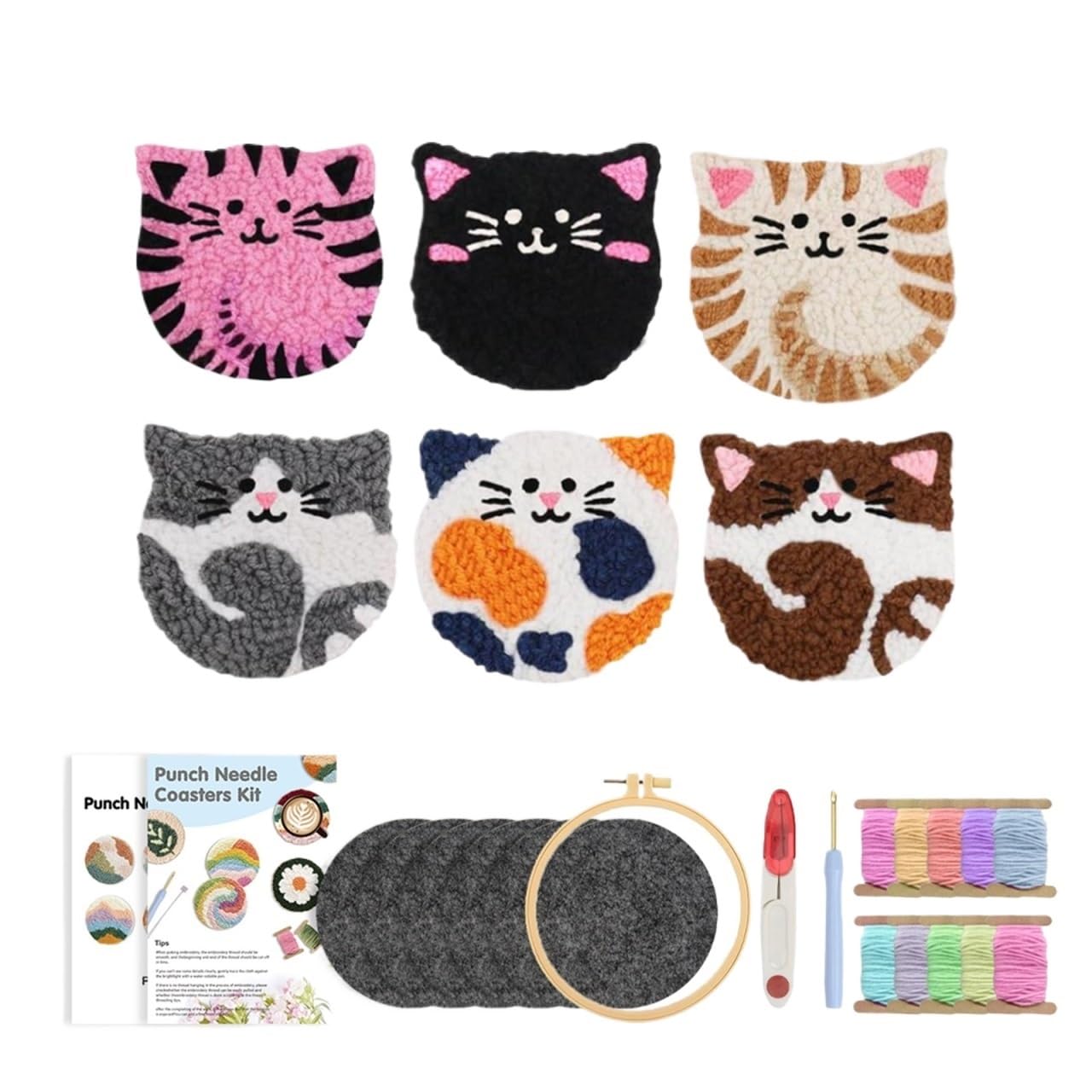 1set Punch Needle Kit For Beginners Easy Cat Coasters Tool Threader Fabric Hoop Yarn Rug Tufting Coaster Art And Craf for DIY