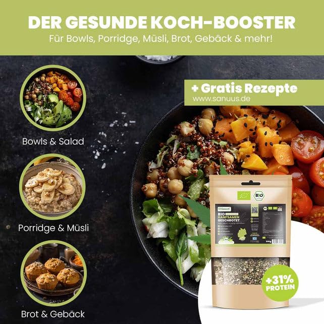 SANUUS Bio Hanfsamen geschrotet 2x500g - Bio Hanfsamen geschält & ungeschält Mix naturbelassen aus Deutschland mit 31% veganem Eiweiß, Eisen, Zink, Kalzium für Müsli, Bowls