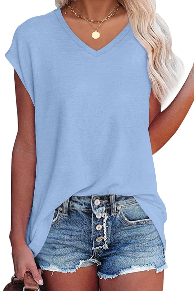 isermeo Cap Sleeve T Shirts for Women Summer V Neck Cute Tops Trendy Beach Vacation Clothes Fashion S-XXL