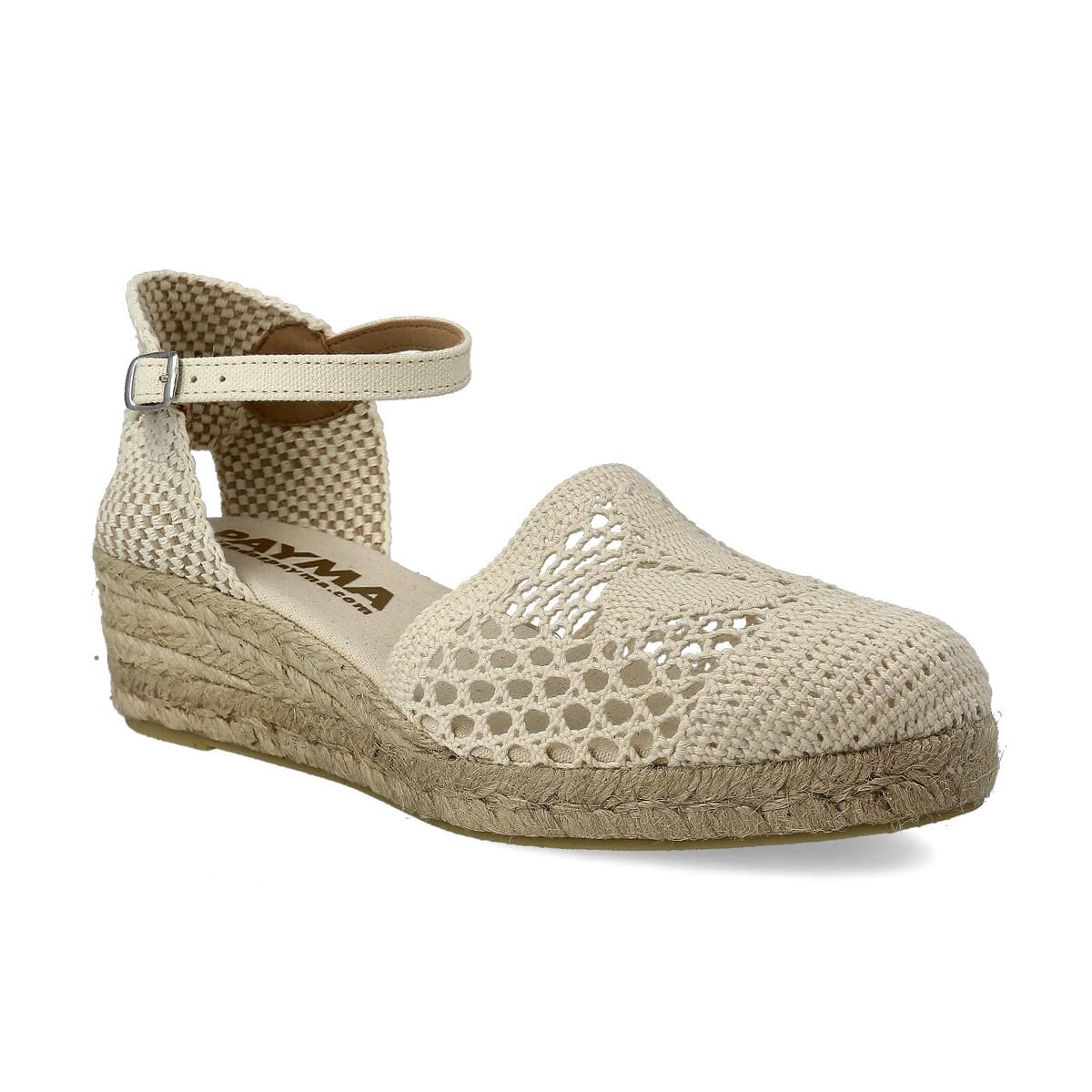 Damen Jute Gehäkelte Keilsandalen. Schuhe aus Spanien. Wedges Espadrilles mit Niedrigem Hacke. Innenpflanze mit Stoff Gepolstert. Knöchelschnalle und Knöchelriemen