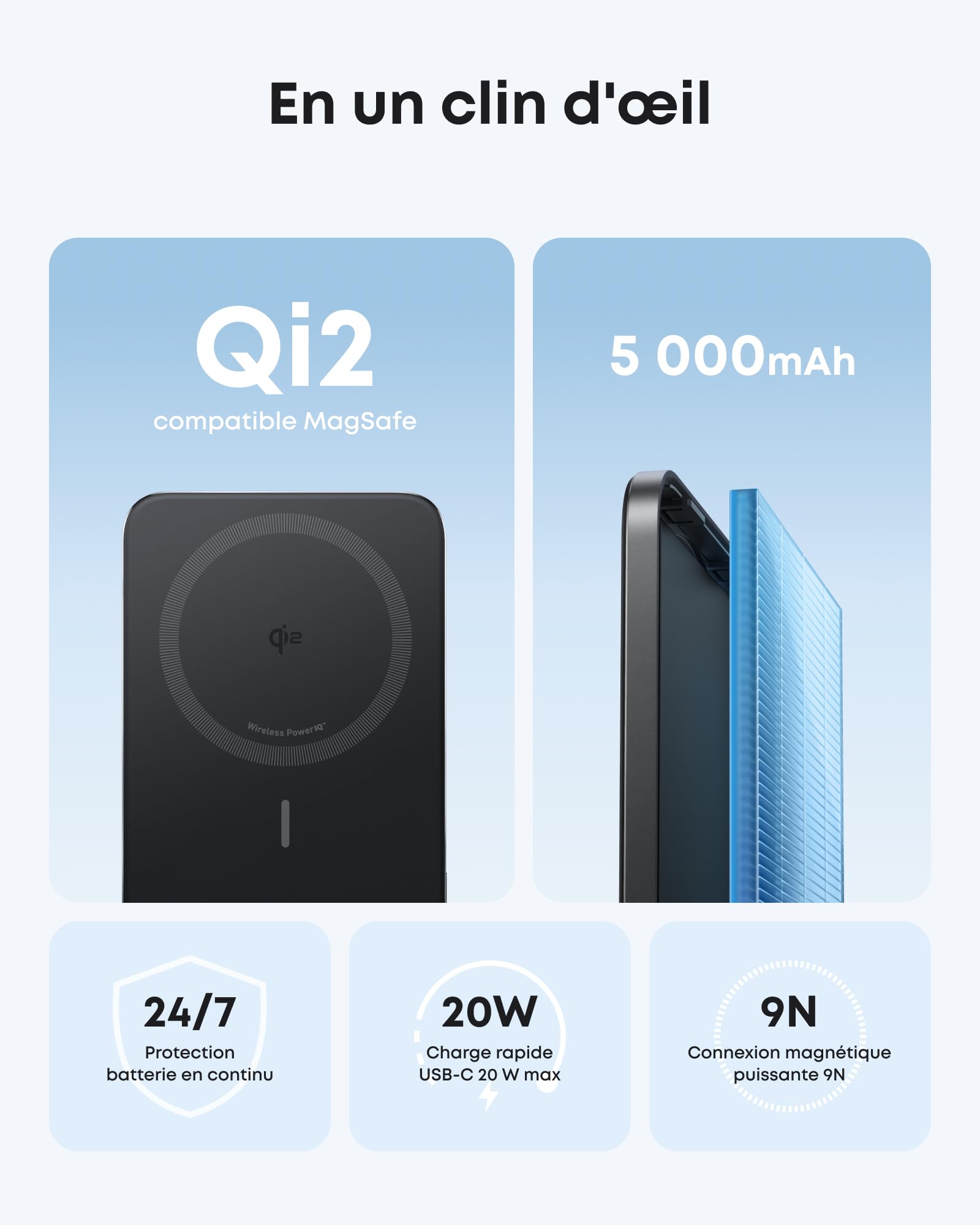 Anker Nano Batterie Externe Magsafe certifiée Qi2 15W magnétique Ultra-Fine 5000 mAh, Rapide, Ergonomique et Compatible MagSafe, Uniquement pour iPhone 17 Pro Max/16/15/14
