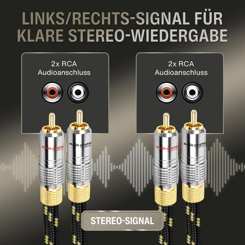 audio pirates by cammica 2x2 RCA Spitzenklasse Hifi Cinch Kabel | 0,5m | Stereo Audio Kabel | OFC Kupfer | OD: 8mm | Nylon-Ummantelung | 24K Goldkontakte | Hifi, Home Cinema, Auto | LUXURY COLLECTION