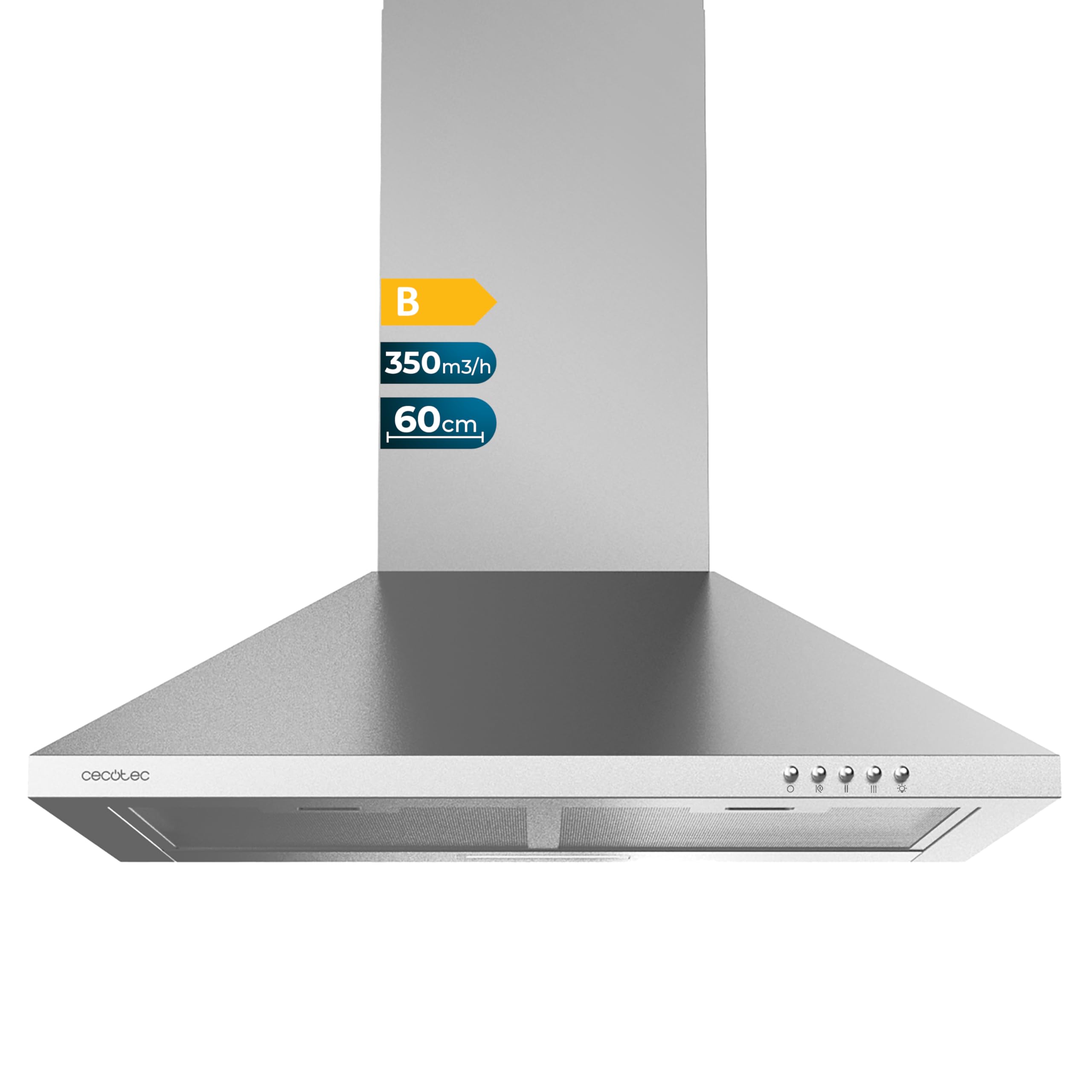 Cecotec Campana Extractora Piramidal de 60cm Bolero Flux PM 603500 Inox B. Motor 65W, Acabado Inox, Succión 350m3/h, Control Mecánico, 3 Niveles de Potencia, Luz y Filtro de Carbono