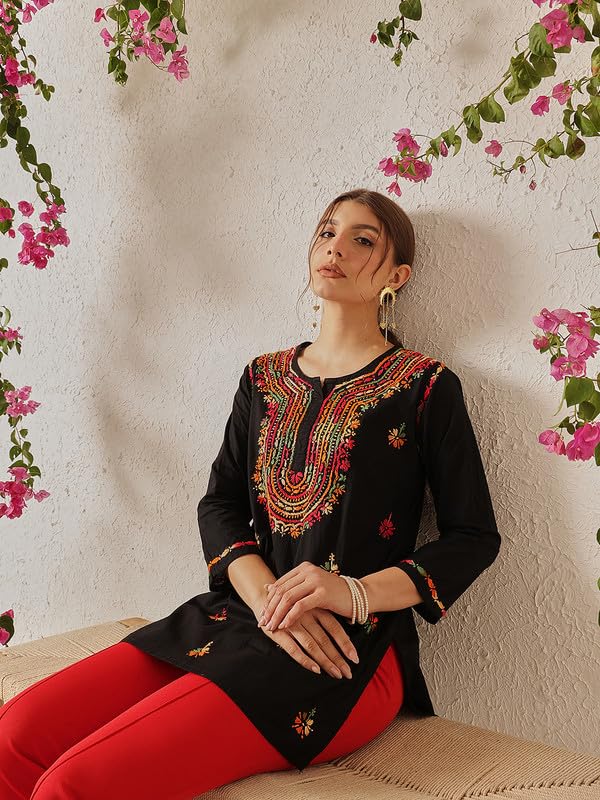 Image of Ada Women's Cotton Regular Fit Tunic Hand Embroidered Lucknow Chikankari Short Top Kurti A100554