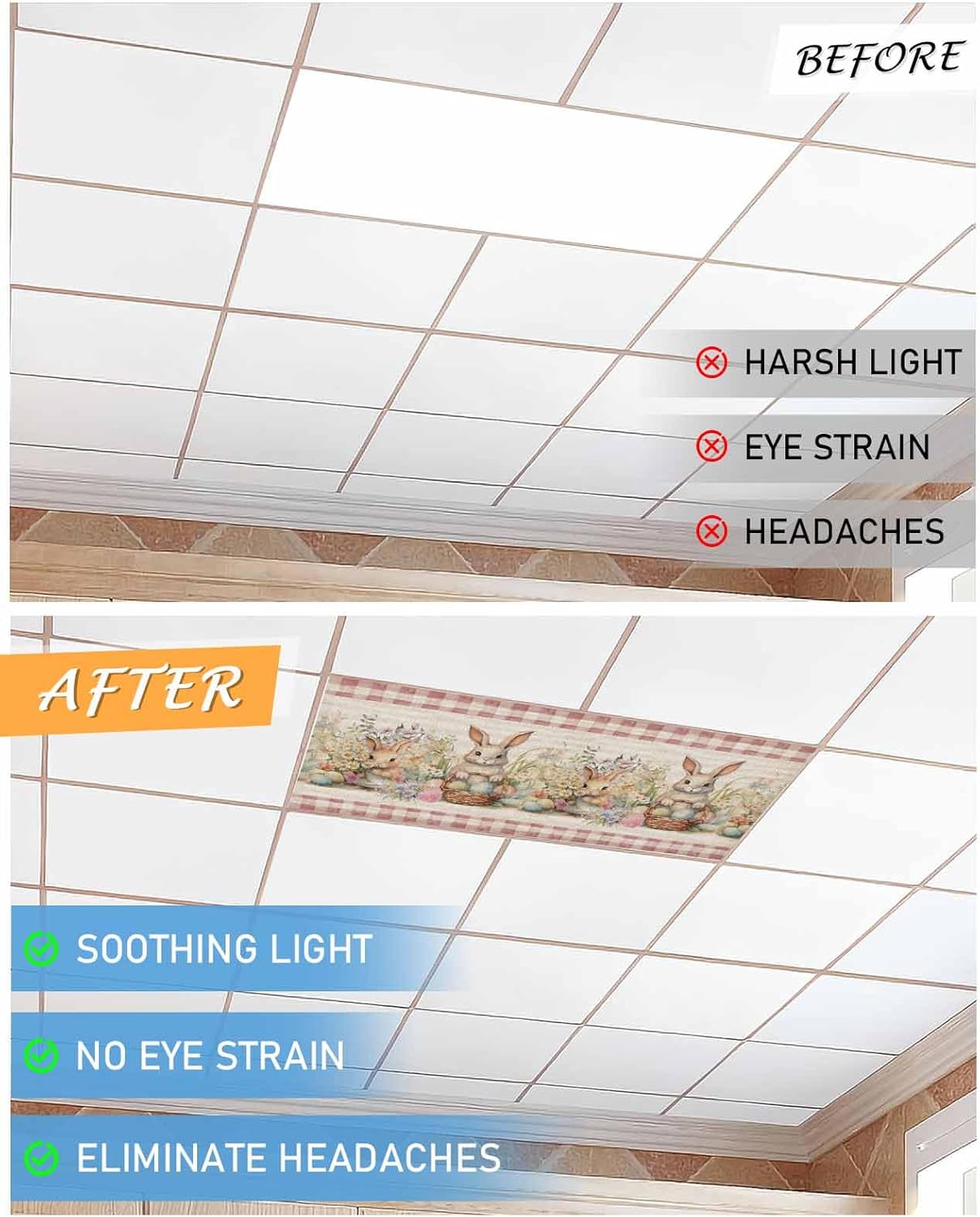 3PCS Easter Bunny Rabbit Eggs Daisy Spring Flowers Pink Plaid Fluorescent Light Cover, Ceiling Lampshade Decor with 10 Magnets Fixtures, Print Light Filters Cover Panel for Any Place Supplies