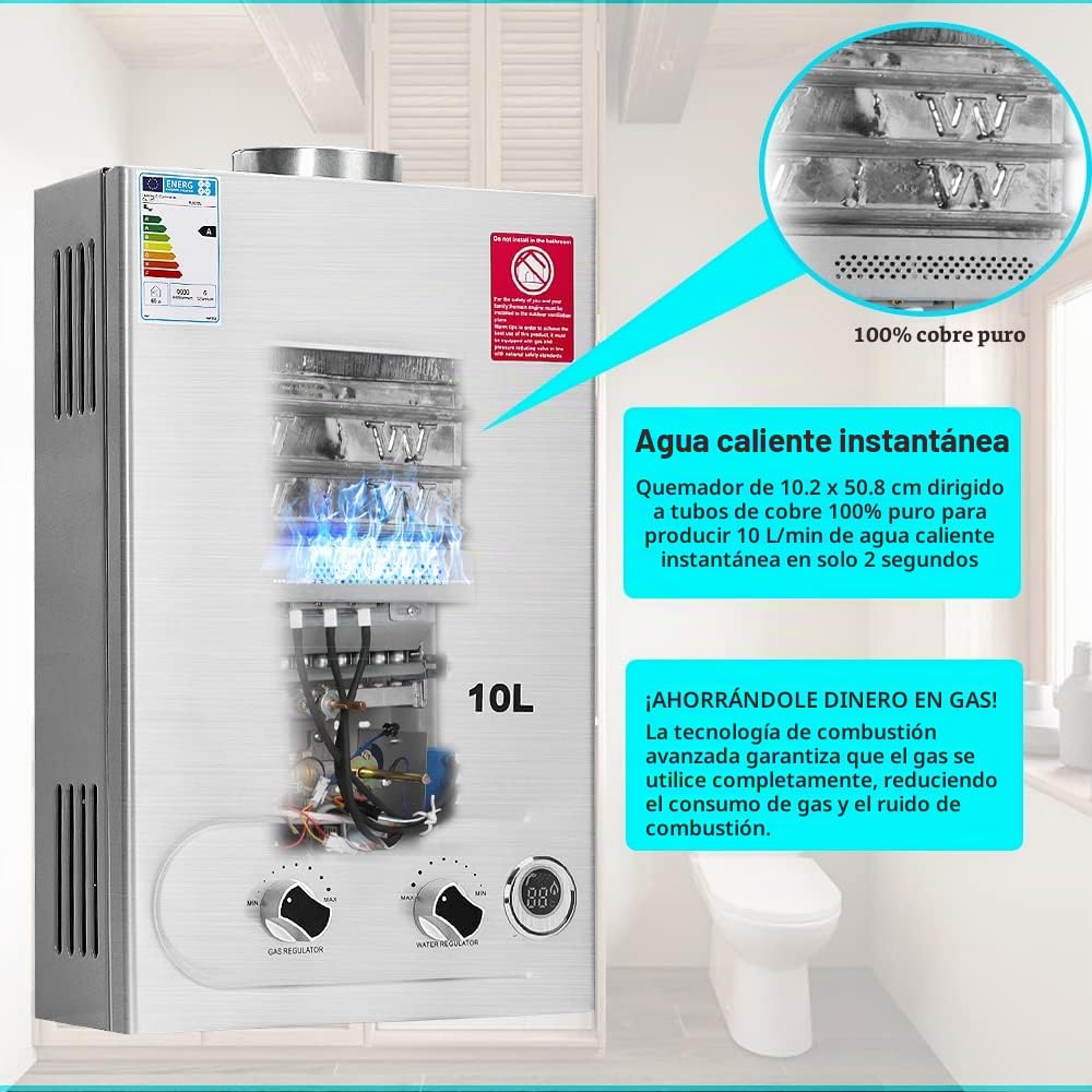 BreeRainz 10LPM Calentador de Agua de Gas,20KW Calentador de Agua Butano con Cabezal de Ducha,Presión de Agua Ultrabaja 0,2 Bar,Apto para Butano/Propano,para el Hogar,Vehículos Recreativos