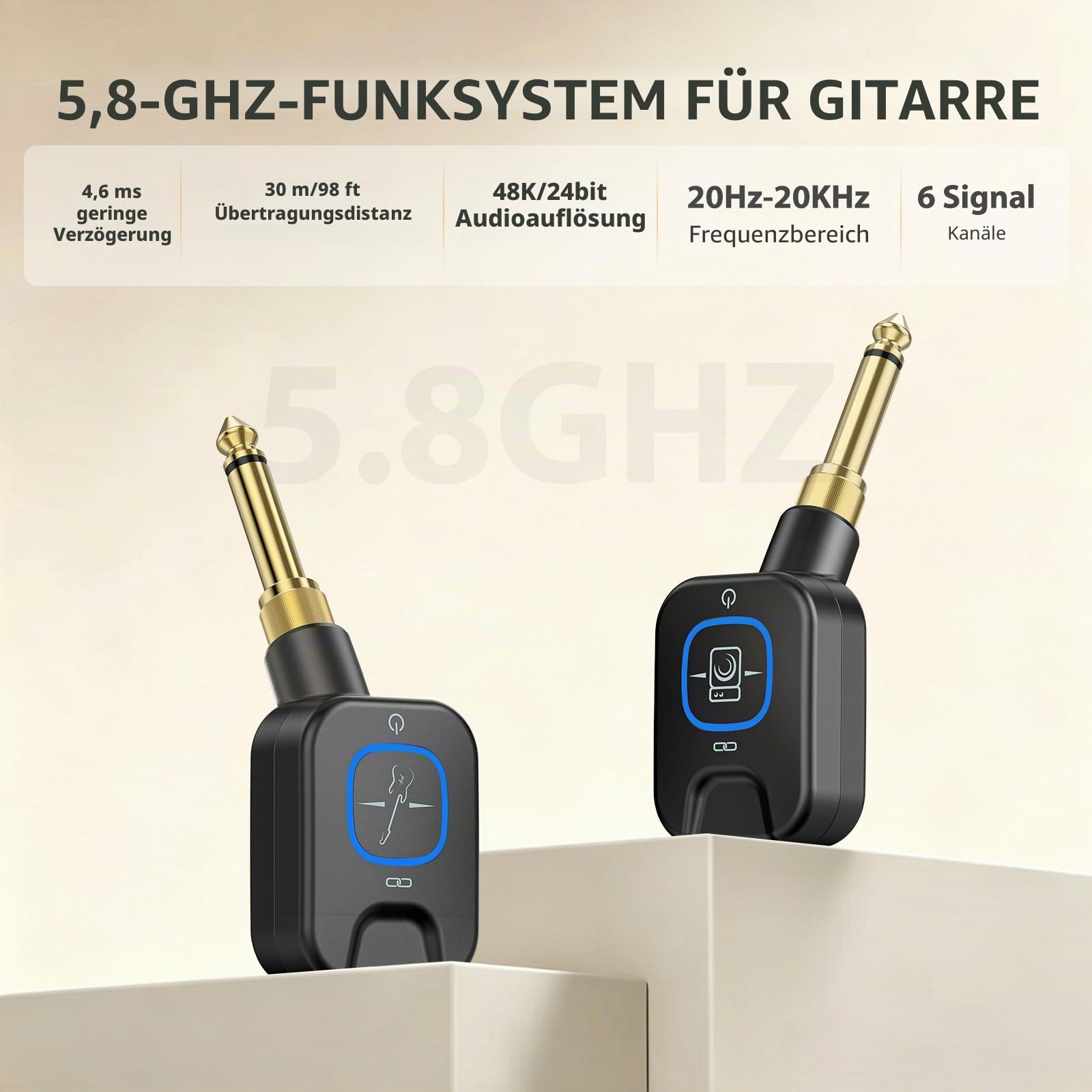POLOLAB 5.8 GHz Kabelloses Gitarrensystem mit Ladebox Gitarren-Funksender-Empfänger, 6 Kanäle, 2-in-1 Dual-Stecker, 30m Reichweite, <4,6ms Latenz, für E-Gitarren Bass