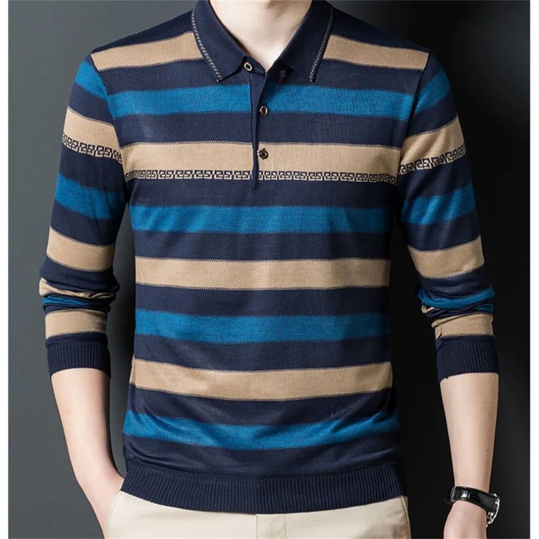 Camiseta polo de manga larga con botones a rayas para hombre, para negocios, ajustada, holgada
