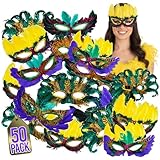 Bedwina Mardi Gras Masks - (Pack of 50) Bulk Carnival Masquerade Mask Costume Party Supplies, Feather Mardi Gras Decorations for Women, Men and Kids