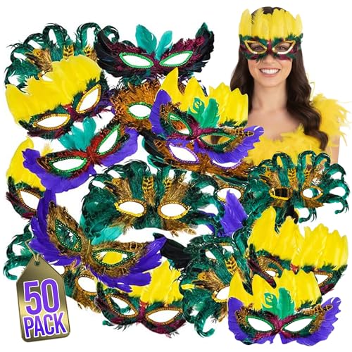 Bedwina Mardi Gras Masks - (Pack of 50) Bulk Carnival Masquerade Mask Costume Party Supplies, Feather Mardi Gras Decorations for Women, Men and Kids