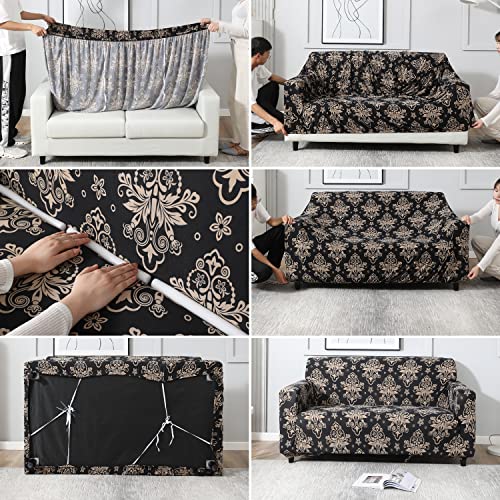 Image of HOKIPO Elastic Stretchable Universal Sofa Cover 2 Seater, Black Damask (AR-4094-D8)