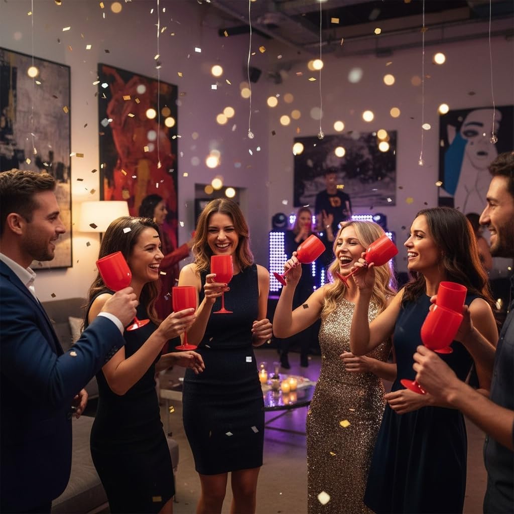 FOX & GRAPES Plastic Stemmed Wine Glasses | Unbreakable/Shatterproof, Reusable, Food Safe, Dishwasher Safe, For Birthday and Party, 16oz (Red, Set of 12)