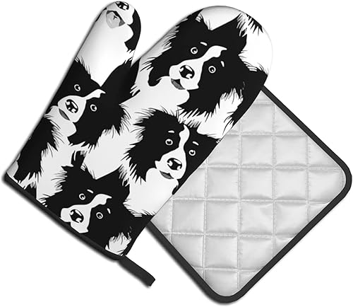 Miniatura 2 de Border Collies - Manoplas de cocina y agarraderas para horno de barbacoa, guantes de horno y soportes para ollas con guantes de cocina para cocinar,