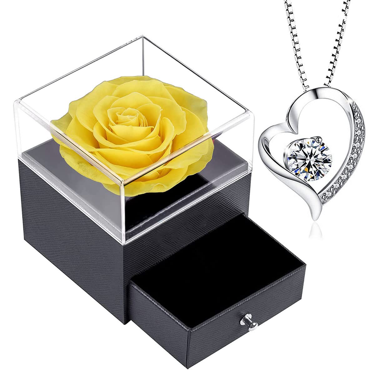 SWEETIME Infinity Rosen Gelbe Rose mit Kette, Geschenkbox mit 925er Sterling Silber Damen Halskette, Geschenke für Frauen zum Valentinstag Muttertag Geburtstag.
