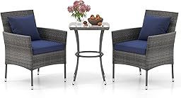 DORTALA Wicker Patio Furniture Set 3 Piece, Small Outdoor Table & Chairs with Tempered Glass Tabletop, Cushions, Rattan Conversation Bistro Set for Balcony, Porch, Backyard, Deck, Mix Gray+Navy