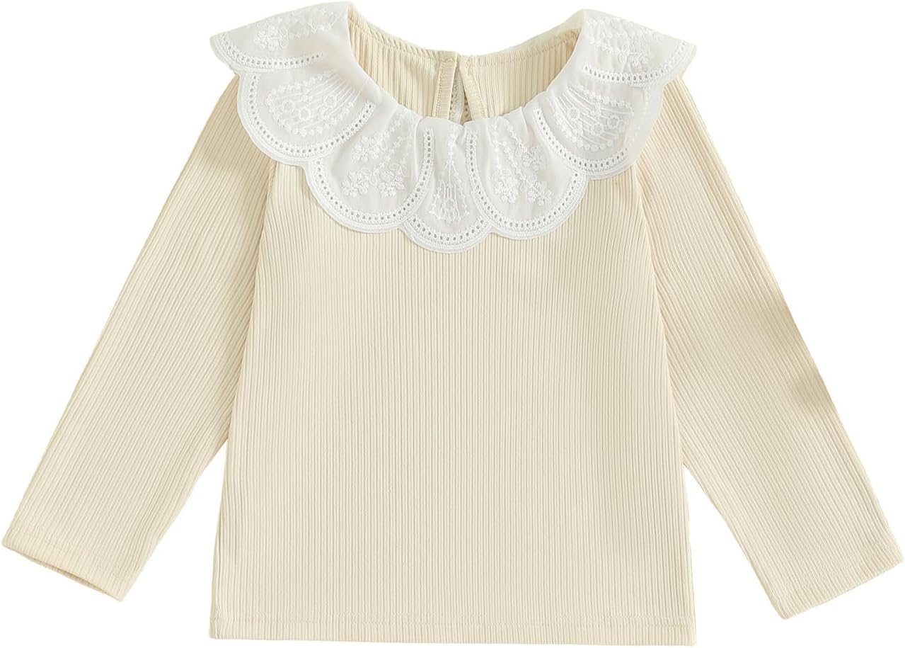 Toddler Kids Girls Long Sleeve T-Shirt Peter Pan Collar Lace Patchwork Ribbed Tops Fall Clothes for Casual Daily